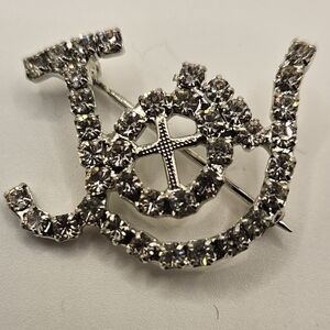Vintage Silver Tone Rhinestone JOY Brooch Pin Cross Religious Christian Holiday